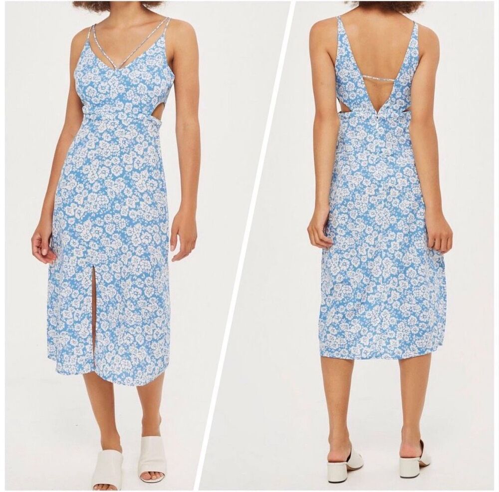 Topshop Cornflower Blue Chiffon CutOut Slip Midi Dress Size 10 Front Slit Pre-Lo